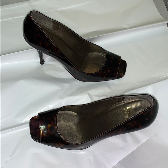 Stuart Weitzman Tortoise 7.5 open toe patent leather stiletto high heel pumps - Picture 2 of 3